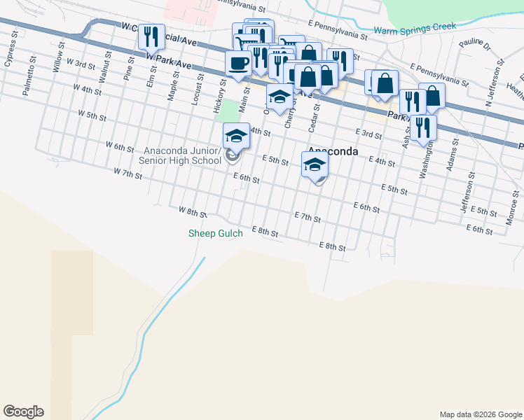 map of restaurants, bars, coffee shops, grocery stores, and more near 707 Cherry St in Anaconda
