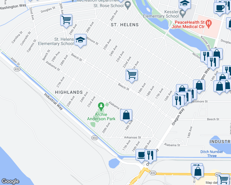map of restaurants, bars, coffee shops, grocery stores, and more near 325 21st Avenue in Longview