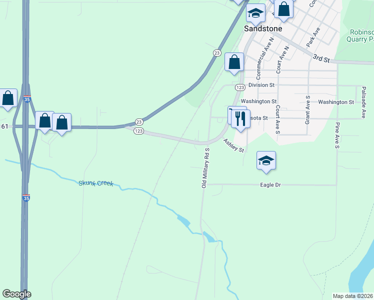 map of restaurants, bars, coffee shops, grocery stores, and more near 617 Minnesota 123 in Sandstone