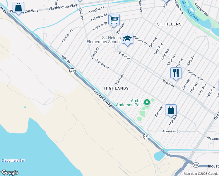 map of restaurants, bars, coffee shops, grocery stores, and more near 249 26th Avenue in Longview
