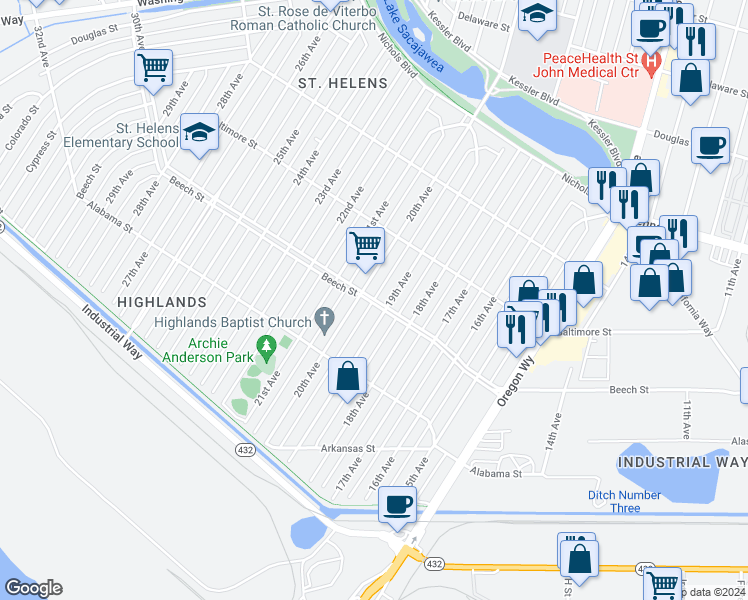 map of restaurants, bars, coffee shops, grocery stores, and more near Beech Street in Longview