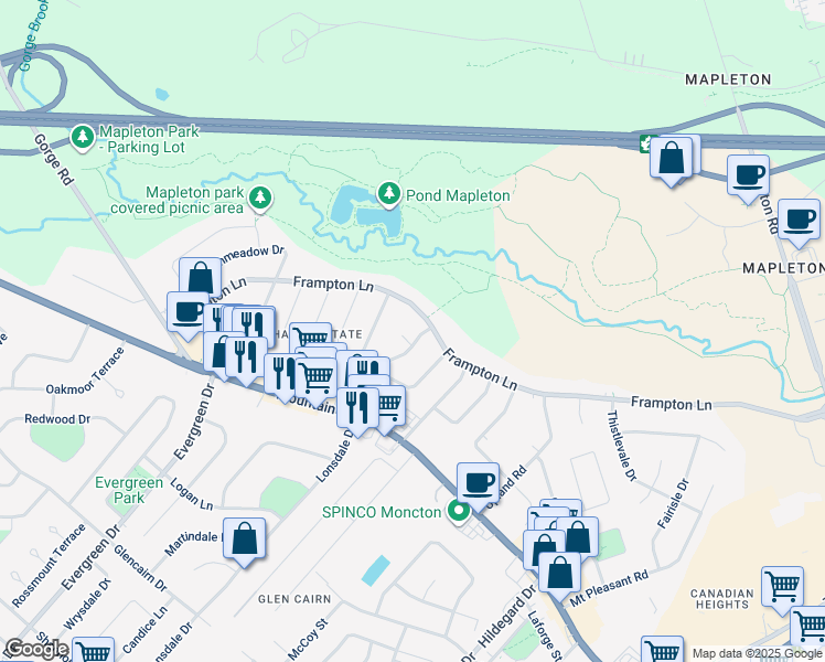 map of restaurants, bars, coffee shops, grocery stores, and more near 136 Woodstone Crescent in Moncton
