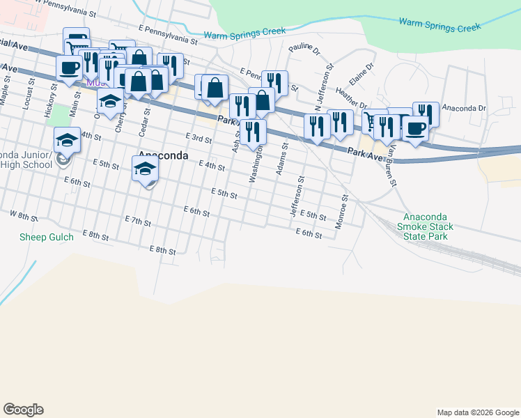 map of restaurants, bars, coffee shops, grocery stores, and more near 904 East 6th Street in Anaconda