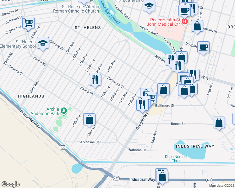 map of restaurants, bars, coffee shops, grocery stores, and more near 441 17th Avenue in Longview