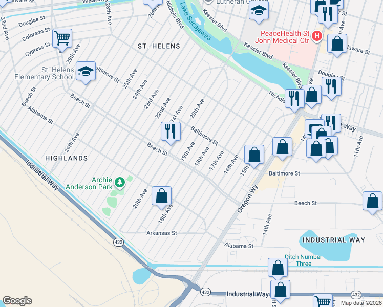 map of restaurants, bars, coffee shops, grocery stores, and more near 1834 Beech Street in Longview