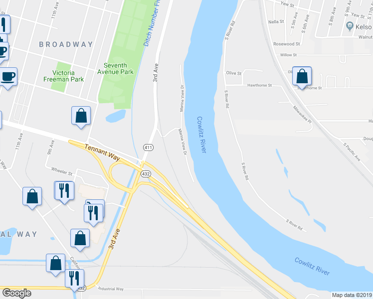 map of restaurants, bars, coffee shops, grocery stores, and more near 743 Marine View Drive in Longview