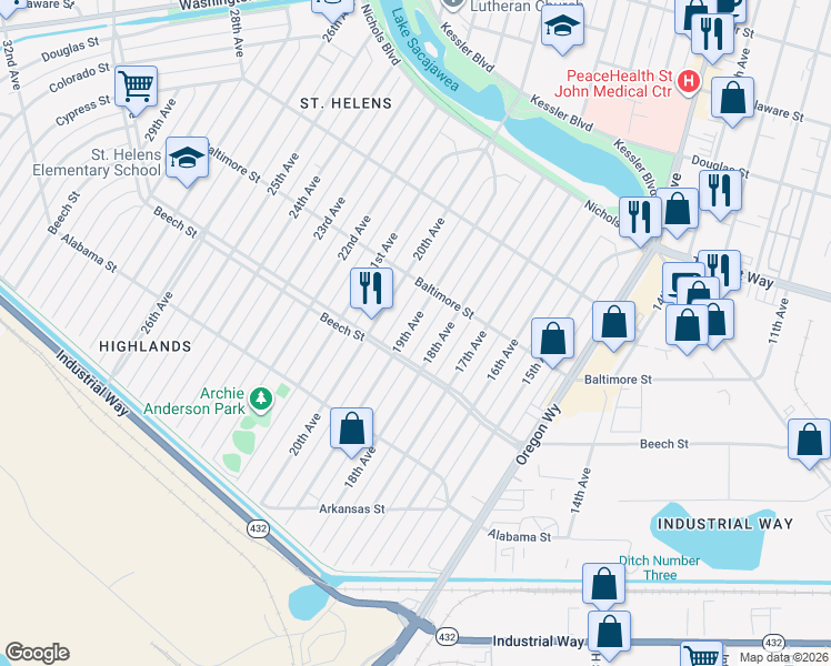 map of restaurants, bars, coffee shops, grocery stores, and more near 436 19th Avenue in Longview