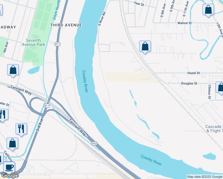 map of restaurants, bars, coffee shops, grocery stores, and more near 1934 South River Road in Kelso