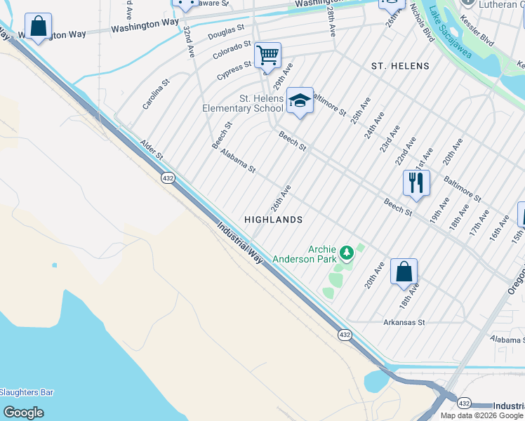 map of restaurants, bars, coffee shops, grocery stores, and more near 233 26th Avenue in Longview