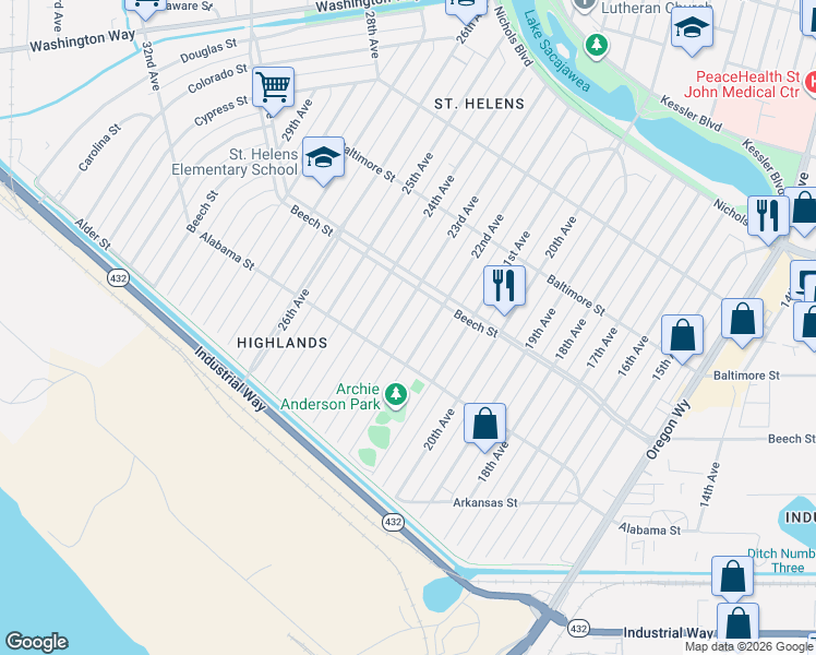 map of restaurants, bars, coffee shops, grocery stores, and more near 334 23rd Avenue in Longview