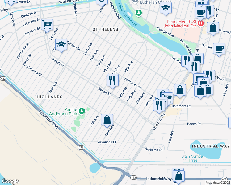 map of restaurants, bars, coffee shops, grocery stores, and more near 416 20th Avenue in Longview