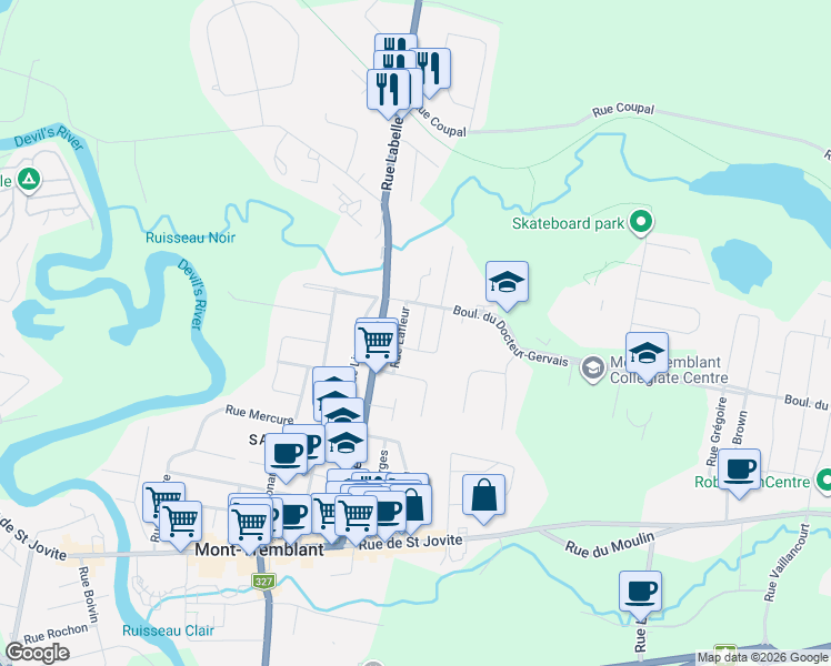 map of restaurants, bars, coffee shops, grocery stores, and more near 705 Rue Dufour in Mont-Tremblant