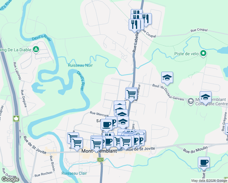 map of restaurants, bars, coffee shops, grocery stores, and more near 1067 Rue Trudeau in Mont-Tremblant