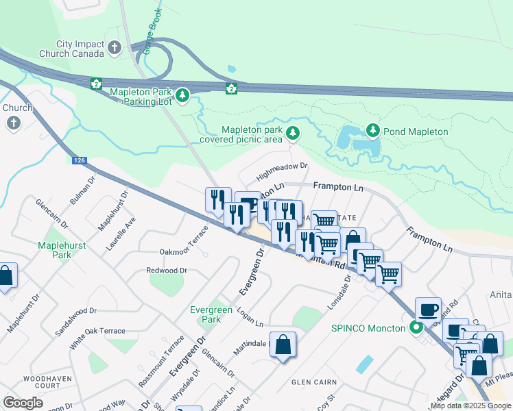 map of restaurants, bars, coffee shops, grocery stores, and more near 1080 Frampton Lane in Moncton