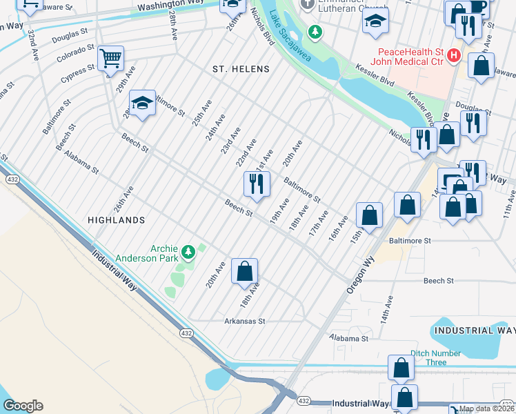 map of restaurants, bars, coffee shops, grocery stores, and more near 421 20th Avenue in Longview