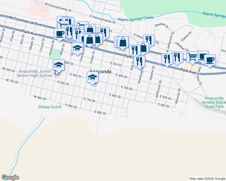 map of restaurants, bars, coffee shops, grocery stores, and more near 422 Alder Street in Anaconda