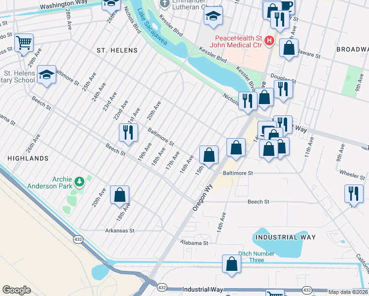 map of restaurants, bars, coffee shops, grocery stores, and more near 502 17th Avenue in Longview