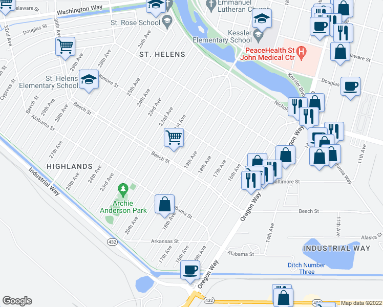 map of restaurants, bars, coffee shops, grocery stores, and more near 447 19th Avenue in Longview