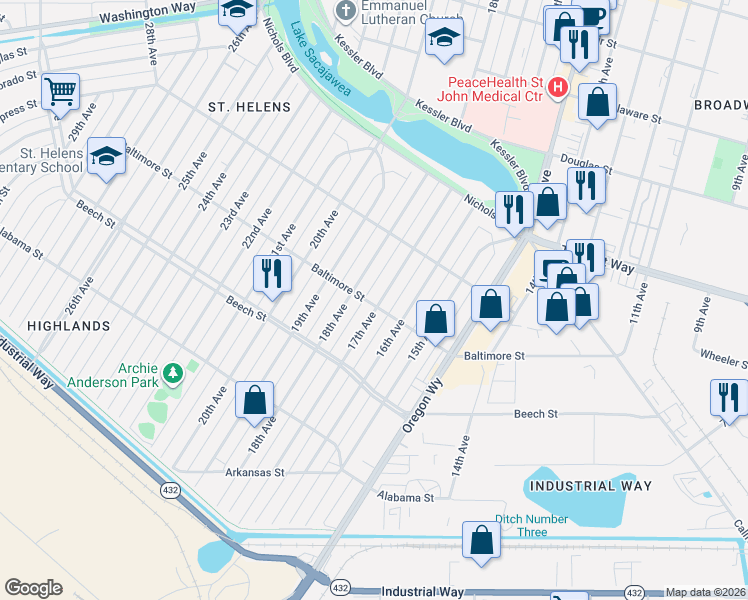 map of restaurants, bars, coffee shops, grocery stores, and more near 521 17th Avenue in Longview