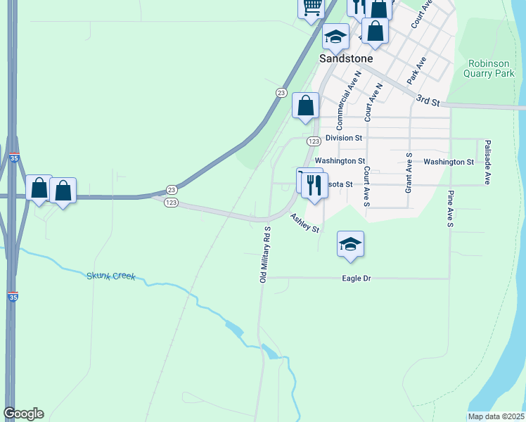 map of restaurants, bars, coffee shops, grocery stores, and more near 317 Old Military Road South in Sandstone