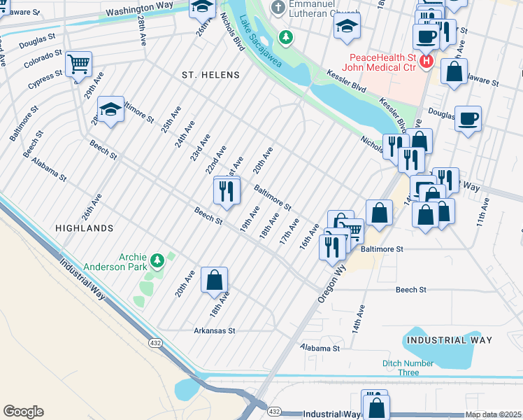 map of restaurants, bars, coffee shops, grocery stores, and more near 456 19th Avenue in Longview