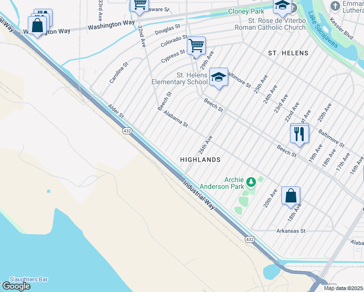 map of restaurants, bars, coffee shops, grocery stores, and more near 263 27th Avenue in Longview