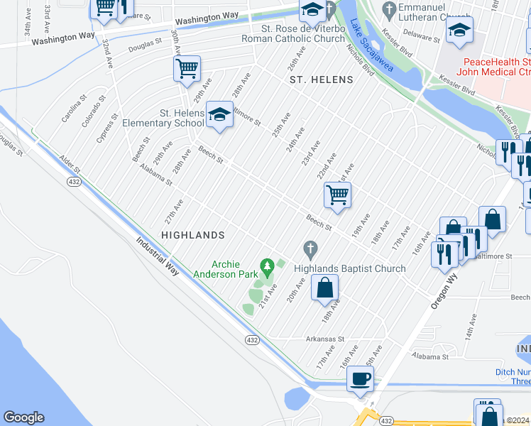 map of restaurants, bars, coffee shops, grocery stores, and more near 341 23rd Avenue in Longview