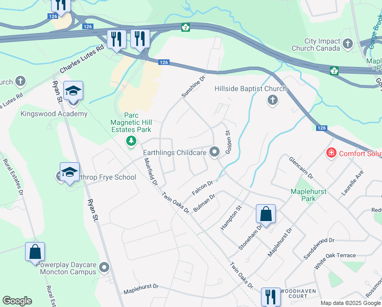 map of restaurants, bars, coffee shops, grocery stores, and more near 20 Deerfield Drive in Moncton