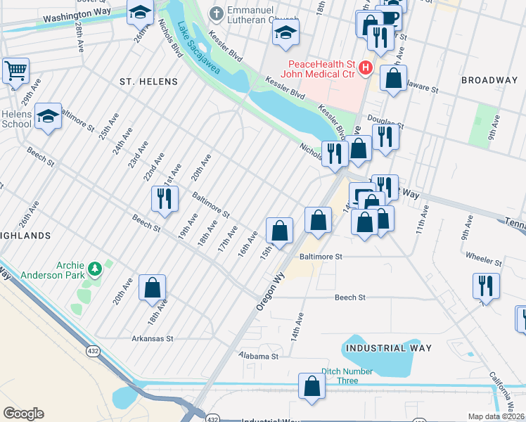 map of restaurants, bars, coffee shops, grocery stores, and more near 531 16th Avenue in Longview