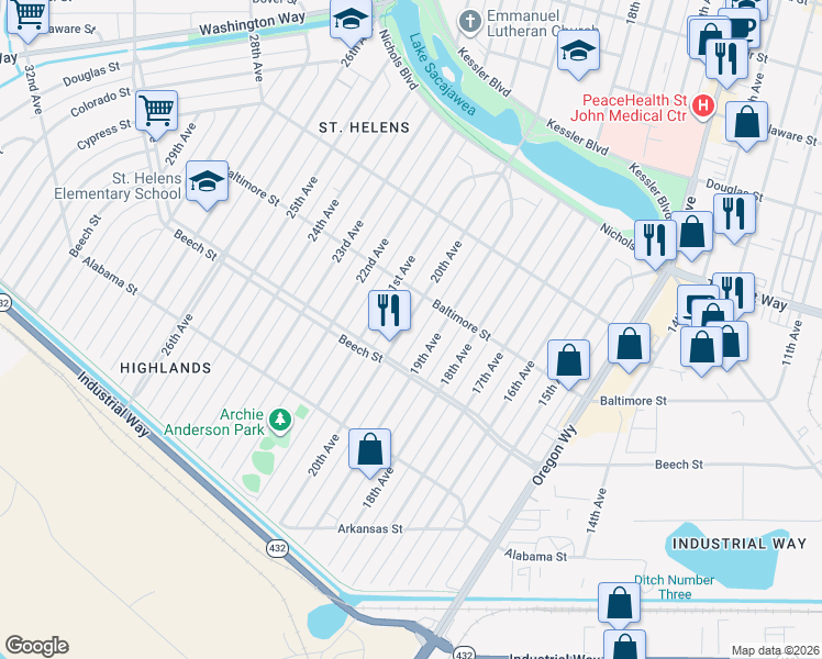 map of restaurants, bars, coffee shops, grocery stores, and more near 446 20th Avenue in Longview