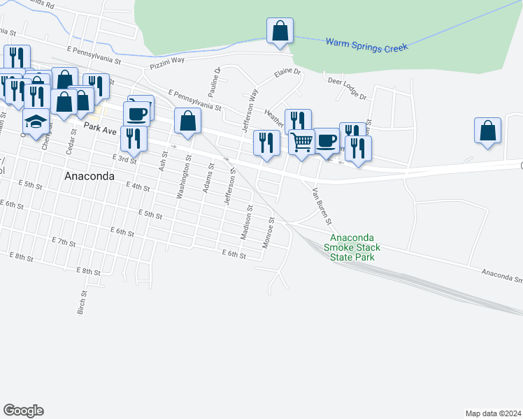 map of restaurants, bars, coffee shops, grocery stores, and more near 1206 1/2 East 4th Street in Anaconda