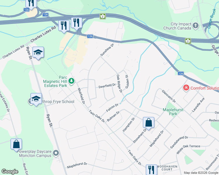 map of restaurants, bars, coffee shops, grocery stores, and more near 32 Deerfield Drive in Moncton