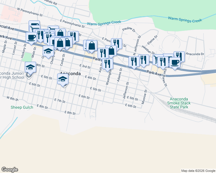 map of restaurants, bars, coffee shops, grocery stores, and more near 409 Washington Street in Anaconda