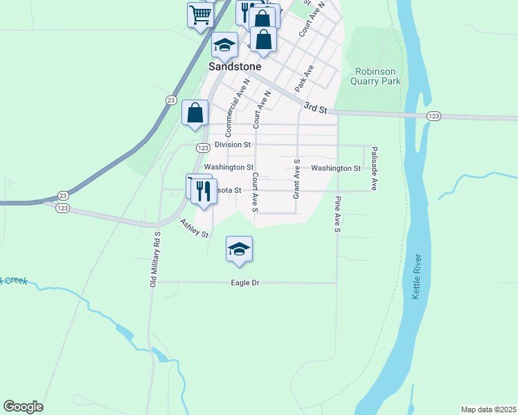 map of restaurants, bars, coffee shops, grocery stores, and more near 312 Court Avenue South in Sandstone
