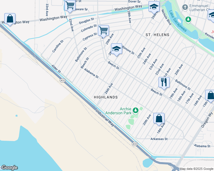 map of restaurants, bars, coffee shops, grocery stores, and more near 293 26th Avenue in Longview