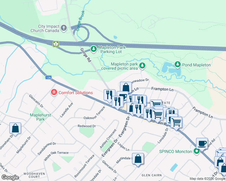 map of restaurants, bars, coffee shops, grocery stores, and more near 71 Gorge Road in Moncton