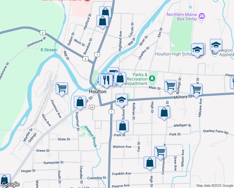 map of restaurants, bars, coffee shops, grocery stores, and more near in Houlton