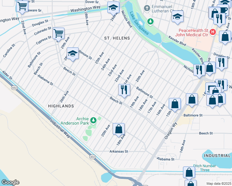 map of restaurants, bars, coffee shops, grocery stores, and more near 427 21st Avenue in Longview