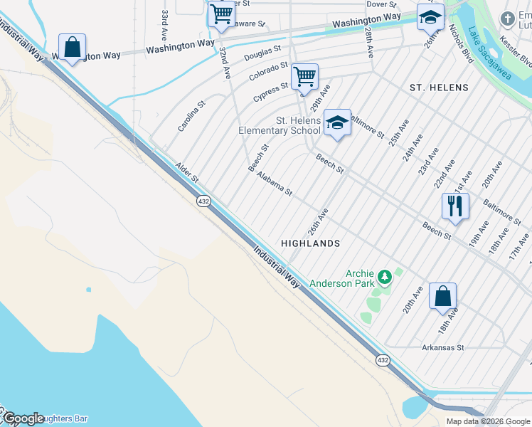 map of restaurants, bars, coffee shops, grocery stores, and more near 263 28th Avenue in Longview
