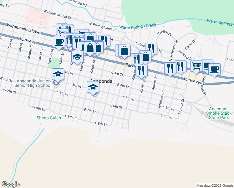 map of restaurants, bars, coffee shops, grocery stores, and more near 422 Alder Street in Anaconda