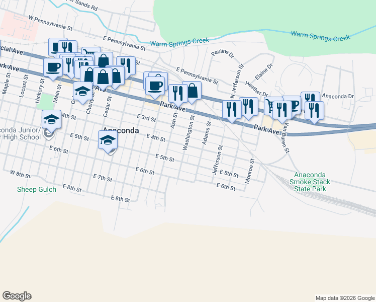 map of restaurants, bars, coffee shops, grocery stores, and more near 409 Washington Street in Anaconda
