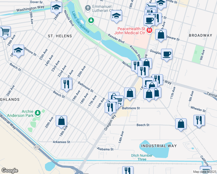 map of restaurants, bars, coffee shops, grocery stores, and more near 541 16th Avenue in Longview