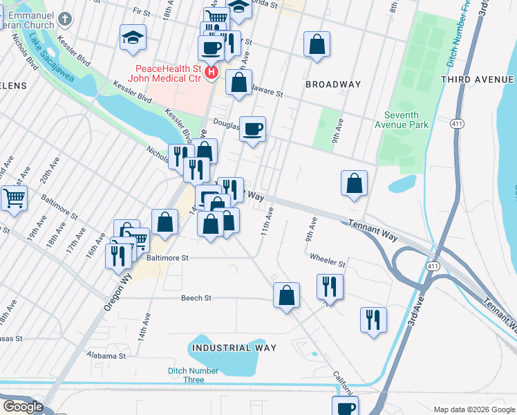 map of restaurants, bars, coffee shops, grocery stores, and more near 1111 Tennant Way in Longview