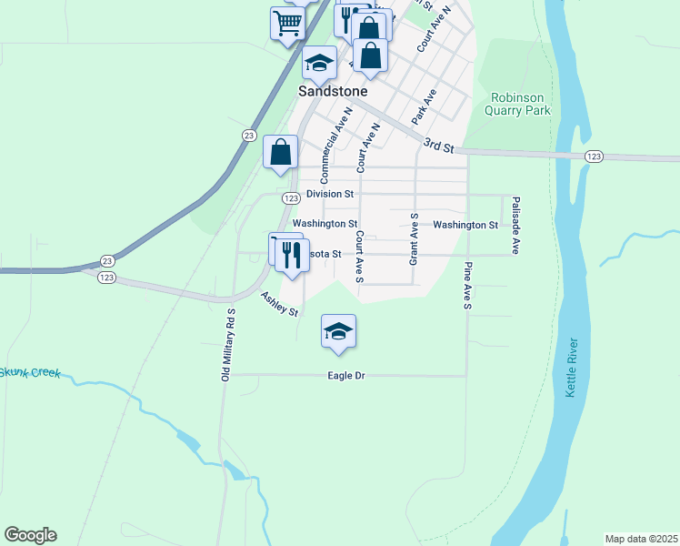 map of restaurants, bars, coffee shops, grocery stores, and more near 312 Court Avenue South in Sandstone