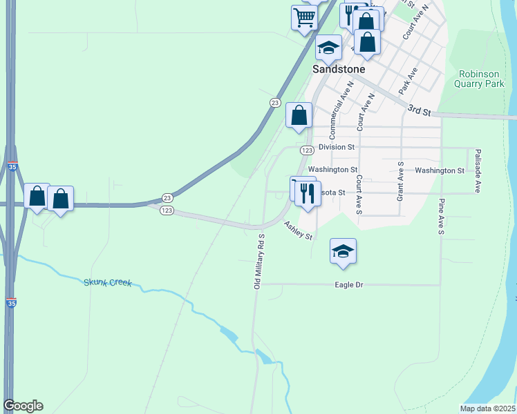 map of restaurants, bars, coffee shops, grocery stores, and more near 317 Old Military Road South in Sandstone