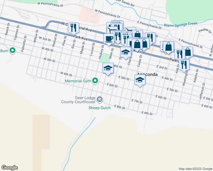 map of restaurants, bars, coffee shops, grocery stores, and more near 601 Main Street in Anaconda