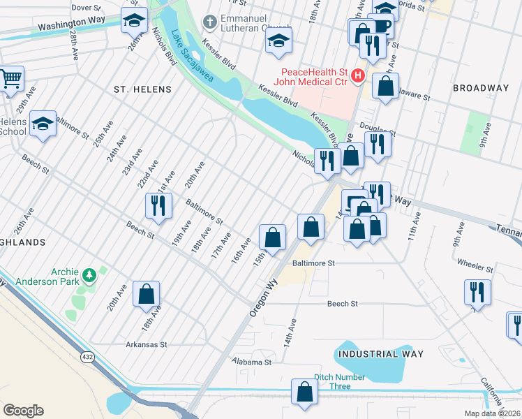 map of restaurants, bars, coffee shops, grocery stores, and more near 541 16th Avenue in Longview
