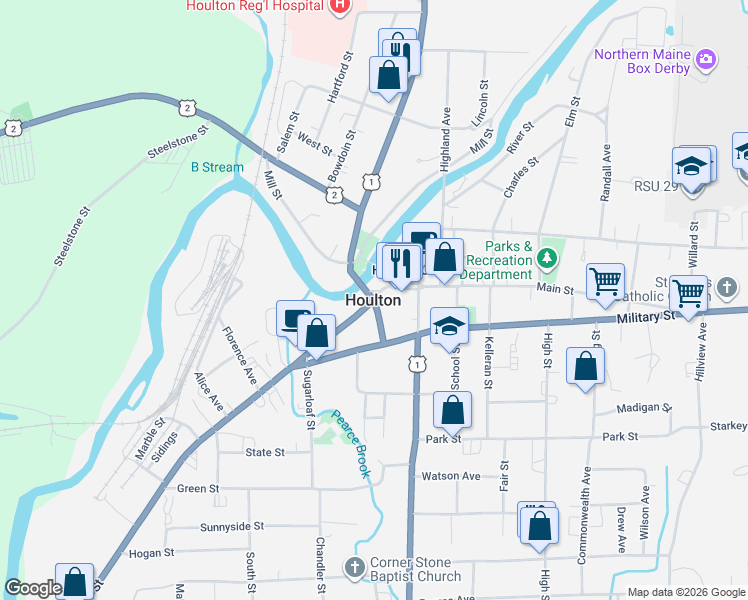 map of restaurants, bars, coffee shops, grocery stores, and more near in Houlton