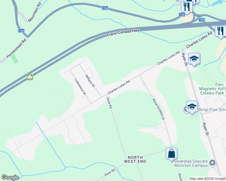 map of restaurants, bars, coffee shops, grocery stores, and more near Charles Lutes Road in Moncton