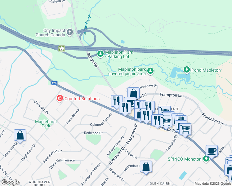 map of restaurants, bars, coffee shops, grocery stores, and more near 71 Gorge Road in Moncton